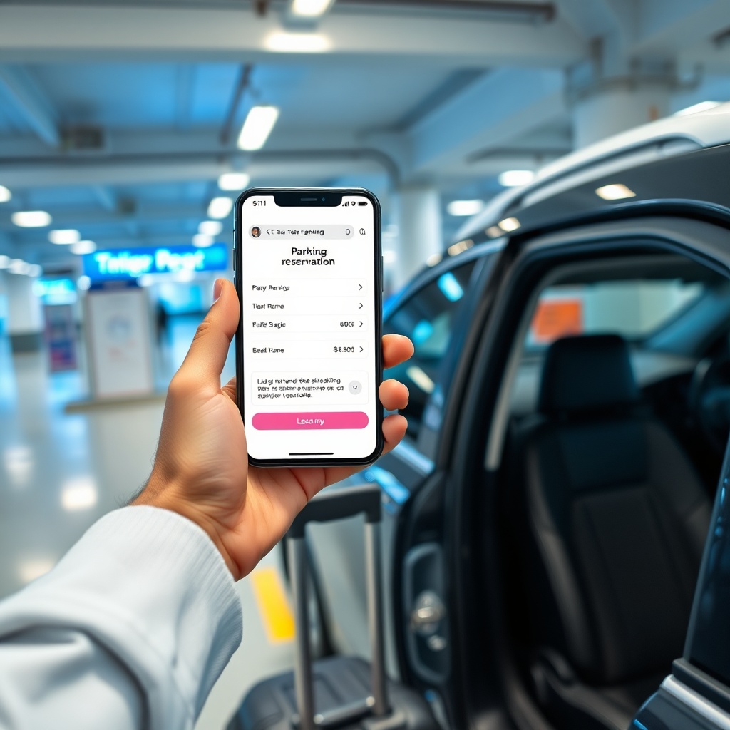 Traveler showing digital reservation on smartphone next to rental car in Tangier airport parking, illustrating the ease of online booking for airport parking spots.