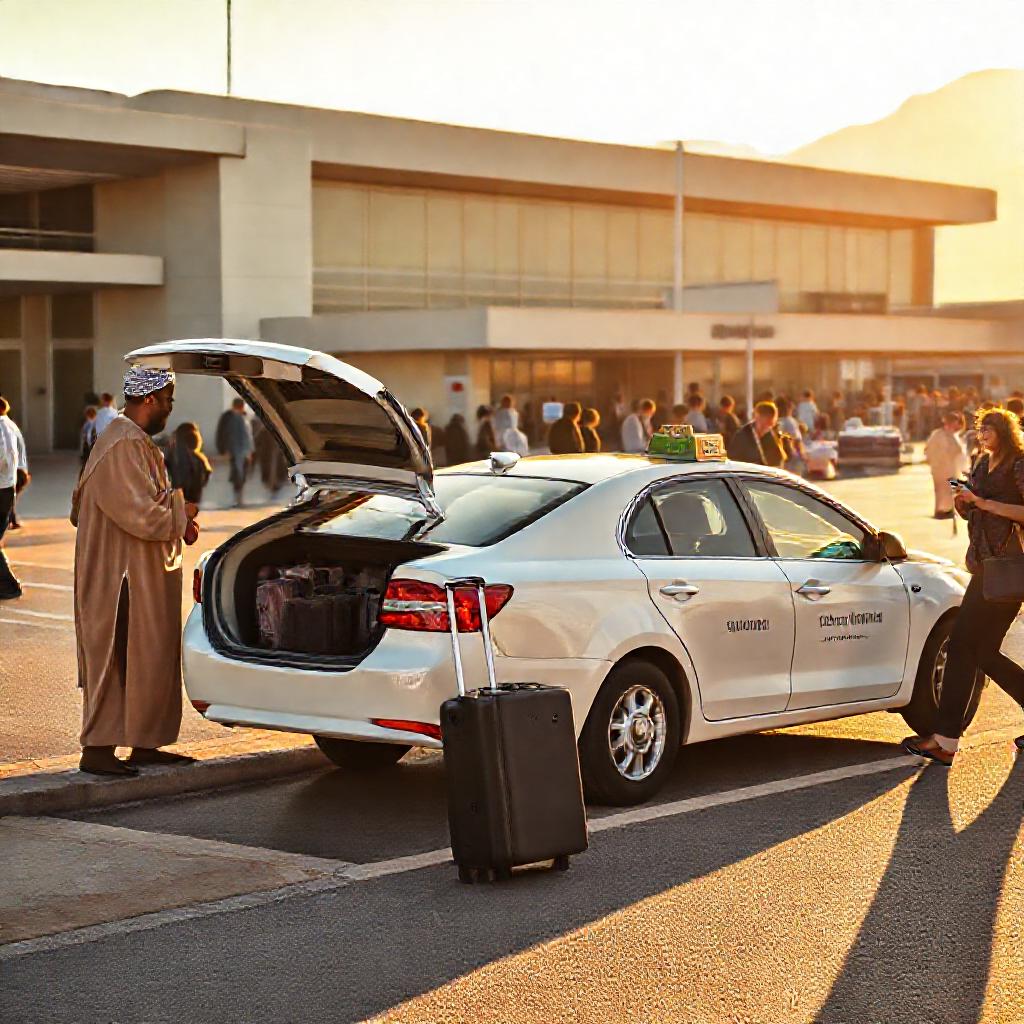 Tangier airport transportation: a white official airport taxi waiting at the terminal for passengers, with a driver loading luggage under warm Moroccan sunlight.