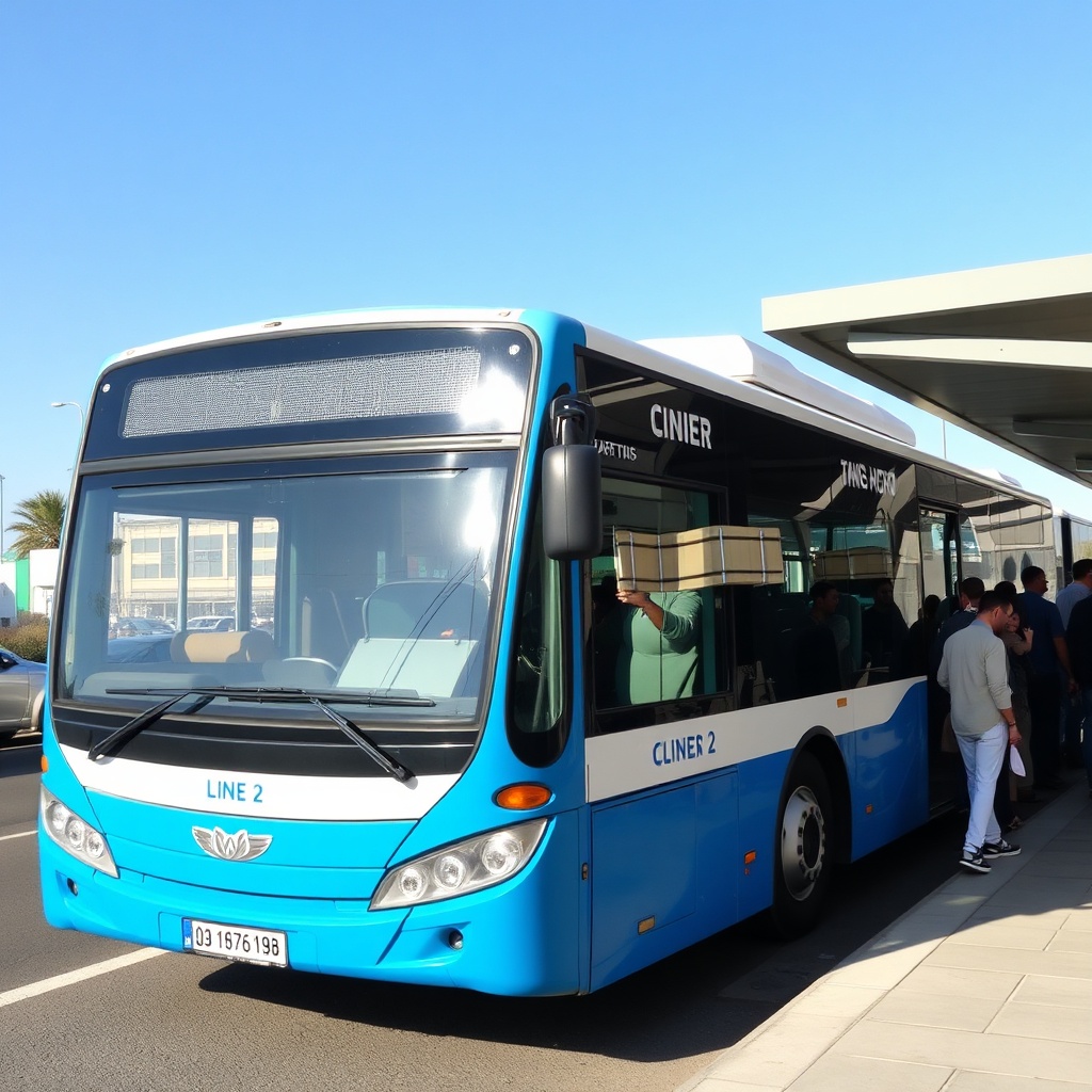 Budget bus line 2 for Tangier airport to city transport, with travelers boarding at the airport stop