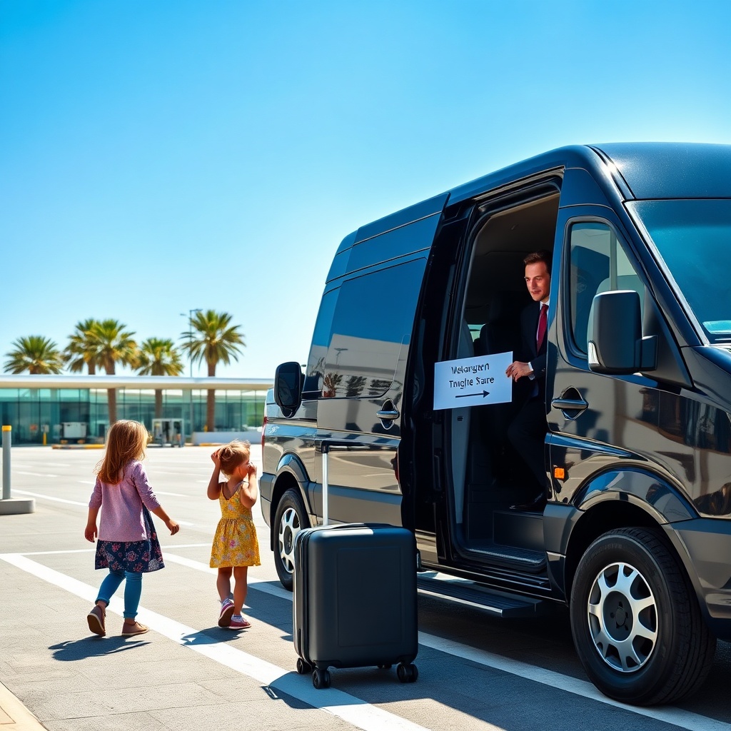 Pre-booked private transfer at Tangier airport transportation hub, with a driver greeting a family and helping with their luggage for a smooth ride to the city.